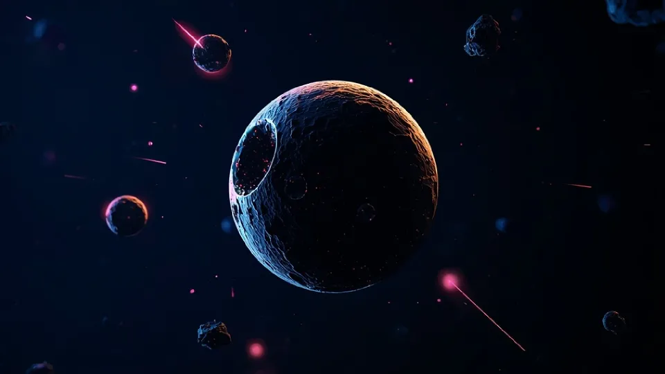  Floating asteroids with neon reflections